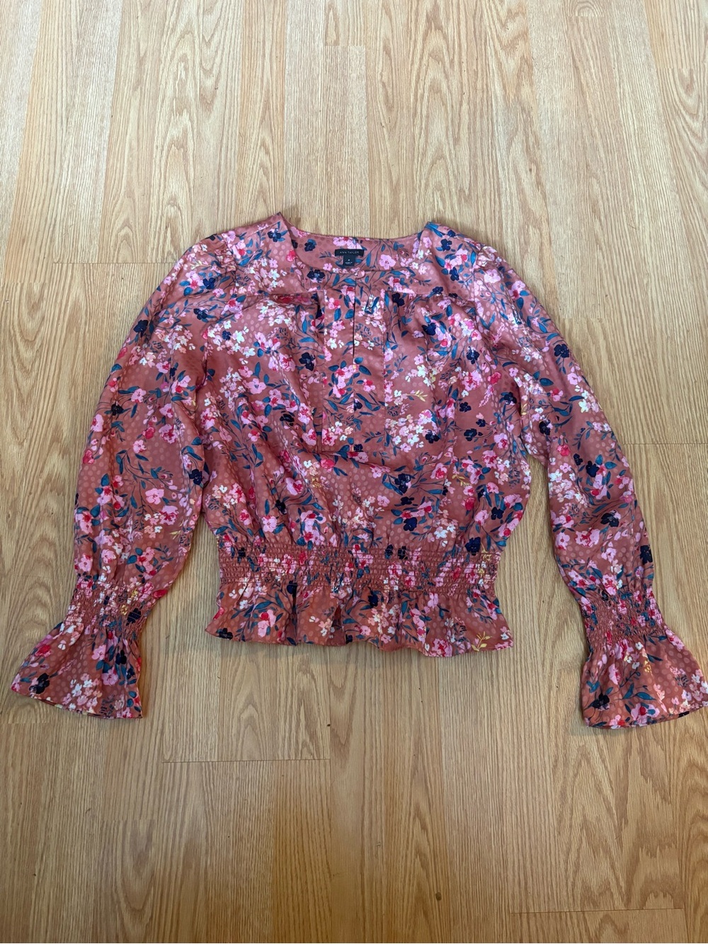 Ann Taylor Rust Pink Floral Smocked-Hem Blouse